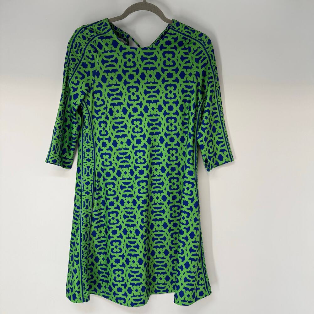 Gretchen Scott Shrimp XXS Mini Dress Womens Size Green Blue 3/4 Sleeve Geometric
